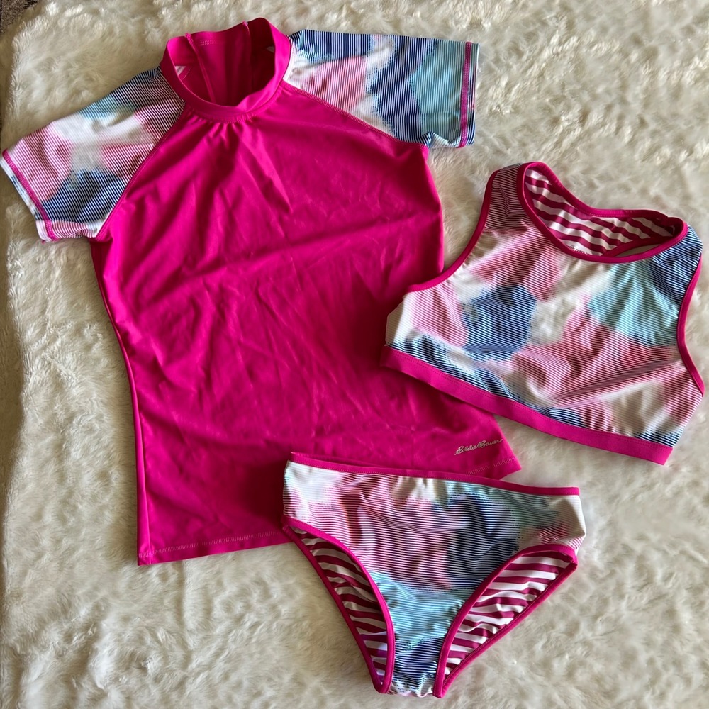 Eddie Bauer Girls 3 Pc Reversible Bikini Swimsuit Rash Guard Set Pink L 14/16